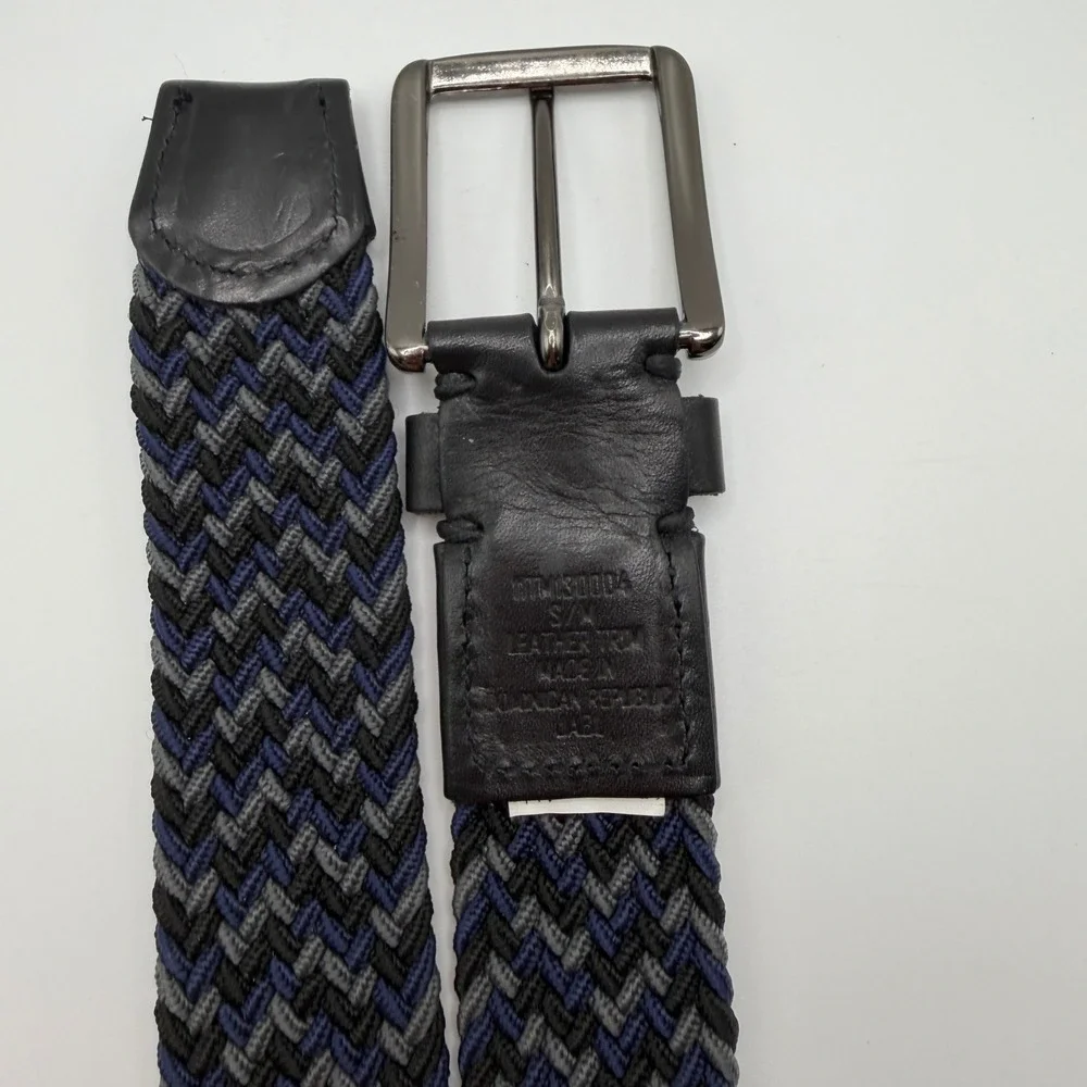 Tommy Bahama‎ Mens Braided Stretch Belt Navy Grey Black Leather Trim S/M